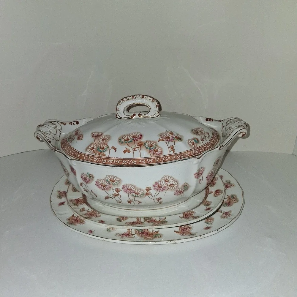 Furnivals Victorian Daisy Covered Transferware Handpainted Soup Tureen 1892-1913